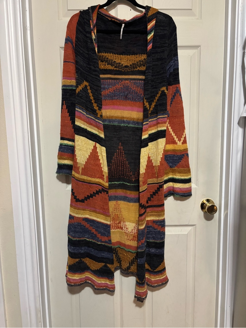 Free People Aztec Long Open-Front Hooded Cardigan Sweater size M (runs small)
